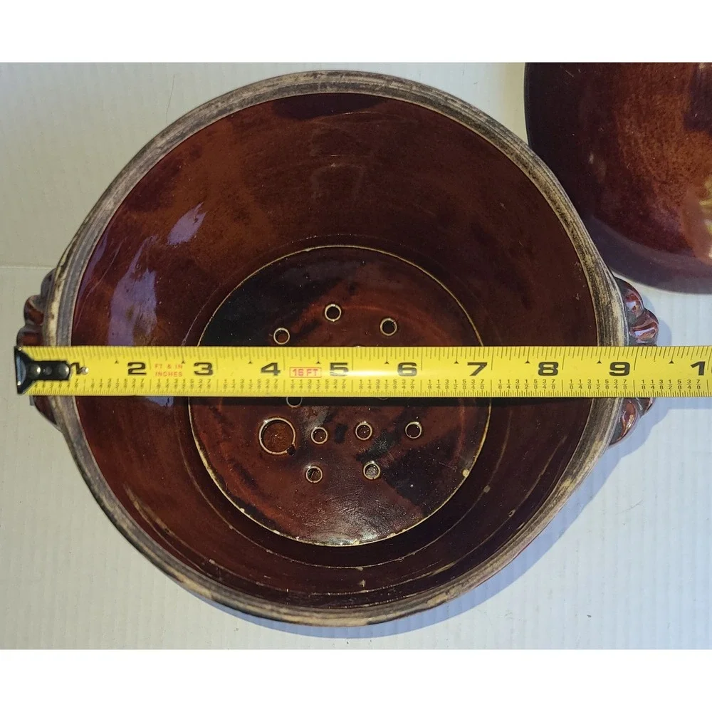 Vintage Old Hickory 3 Pc. Duchess‎ Brown Stoneware Pot, Lid and Strainer Insert